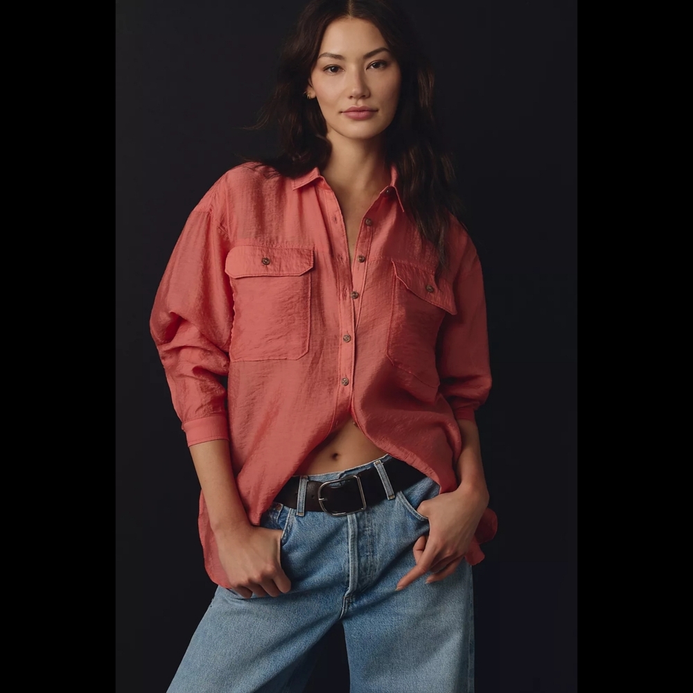 By Anthropologie Sheer Buttondown Shirt Red Women's Size Medium